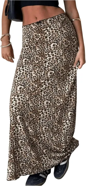 Milumia Women's Cheetah Print Long Skirt Bowknot Low Waisted Maxi Skirts