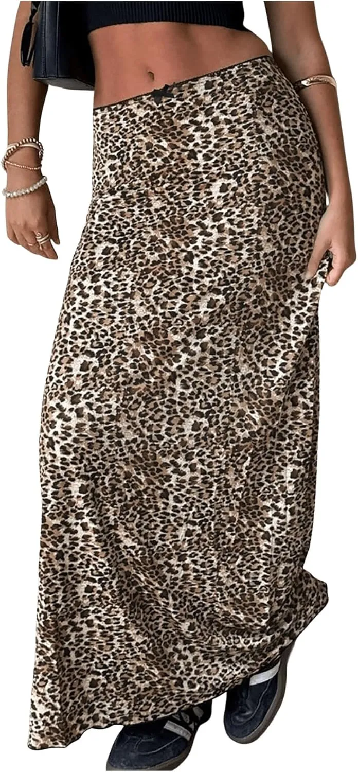 Milumia Women's Cheetah Print Long Skirt Bowknot Low Waisted Maxi Skirts