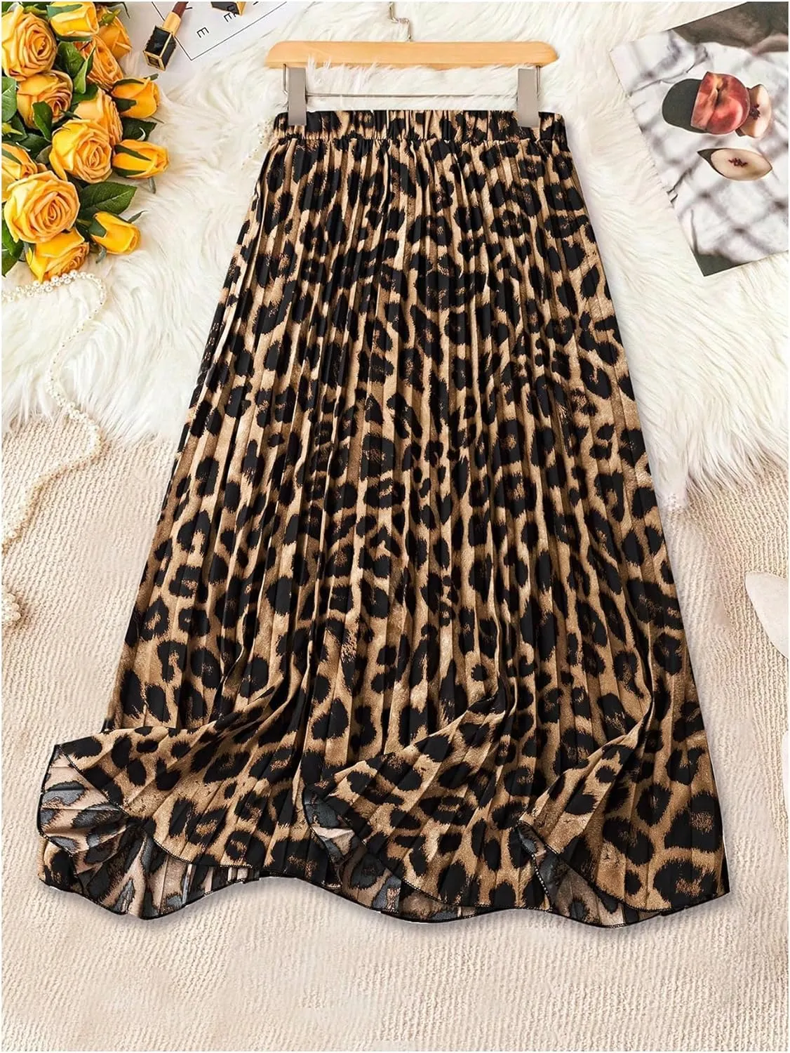 Milumia Women's Leopard Print Elastic High Waist Pleated A Line Long Skirts