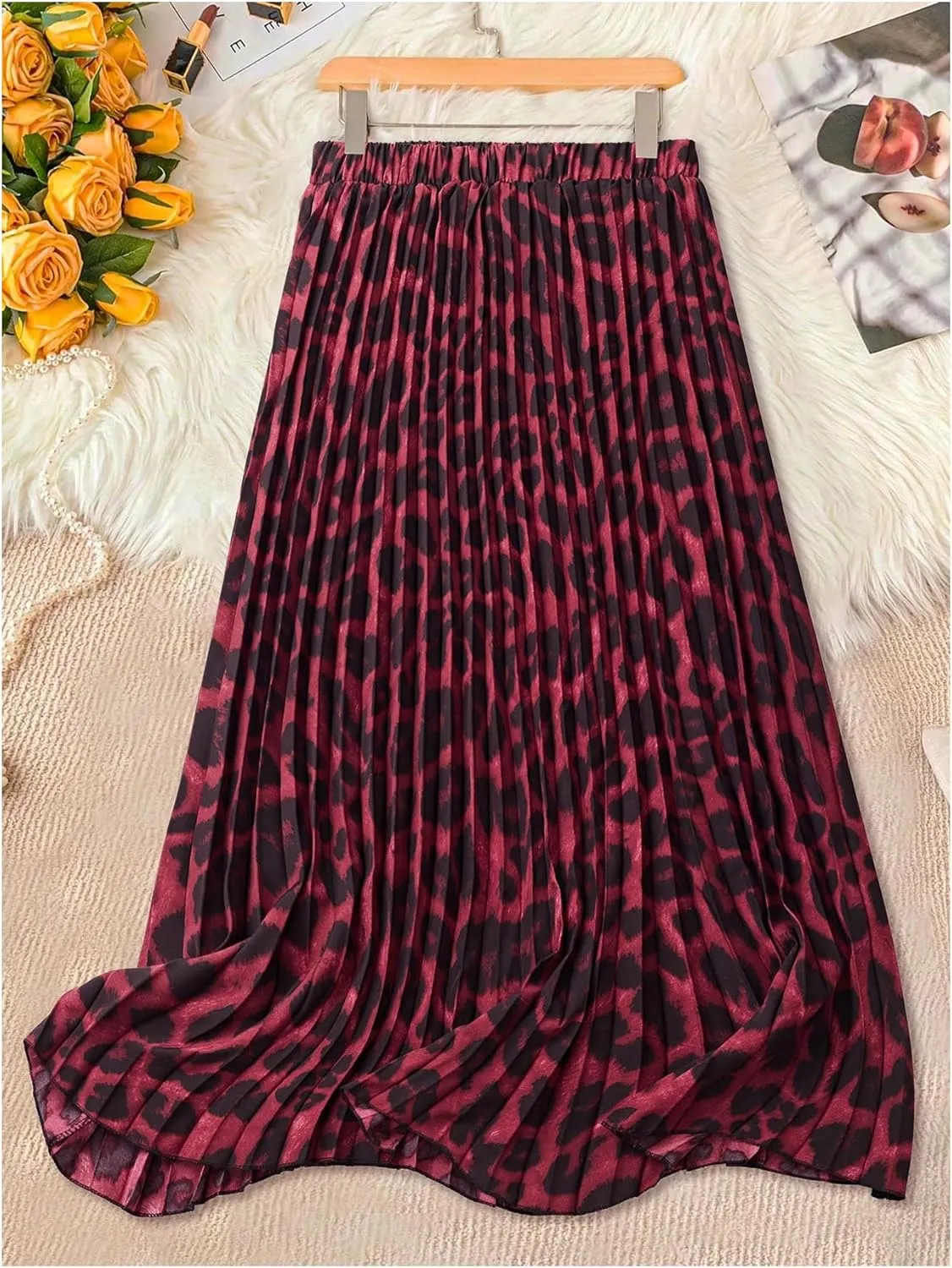 Milumia Women's Leopard Print Elastic High Waist Pleated A Line Long Skirts