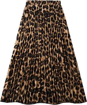 Milumia Women's Leopard Print Elastic High Waist Pleated A Line Long Skirts