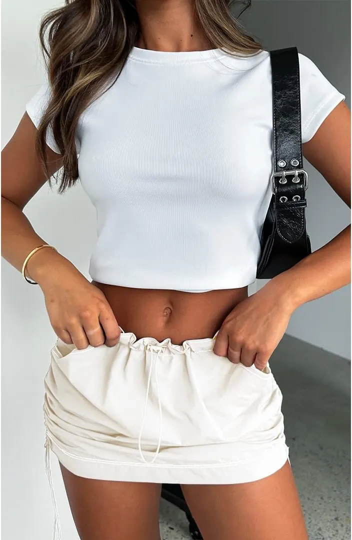 Mini Cargo Skirts for Women Y2K Low Waist Side Drawstring Trendy Summer Short Skirt with Pockets