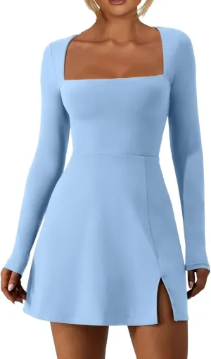 Mini Dresses for Women Square Neck Ruffle Hem Long Sleeve Dress Trendy Solid Color Tie Waisted Club Party Dress