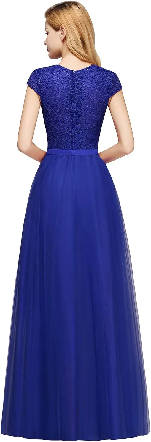 MisShow Cap Sleeve Prom Formal Dress for Women Long Evening Ball Gown