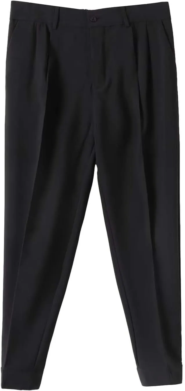 Miyaomn Trendy Pleated Flat Front Dress Pants for Men Tapered Slim Fit Solid Straight Leg Casual Pull-On Trousers with Pocket
