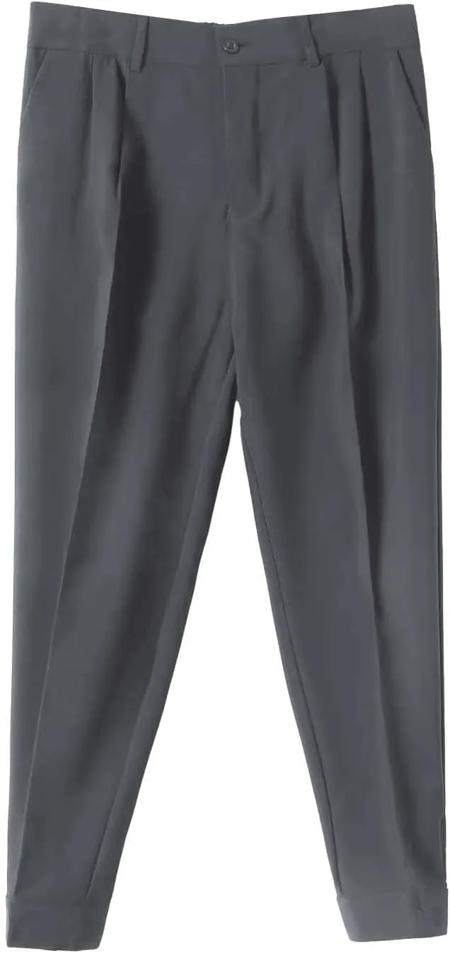 Miyaomn Trendy Pleated Flat Front Dress Pants for Men Tapered Slim Fit Solid Straight Leg Casual Pull-On Trousers with Pocket