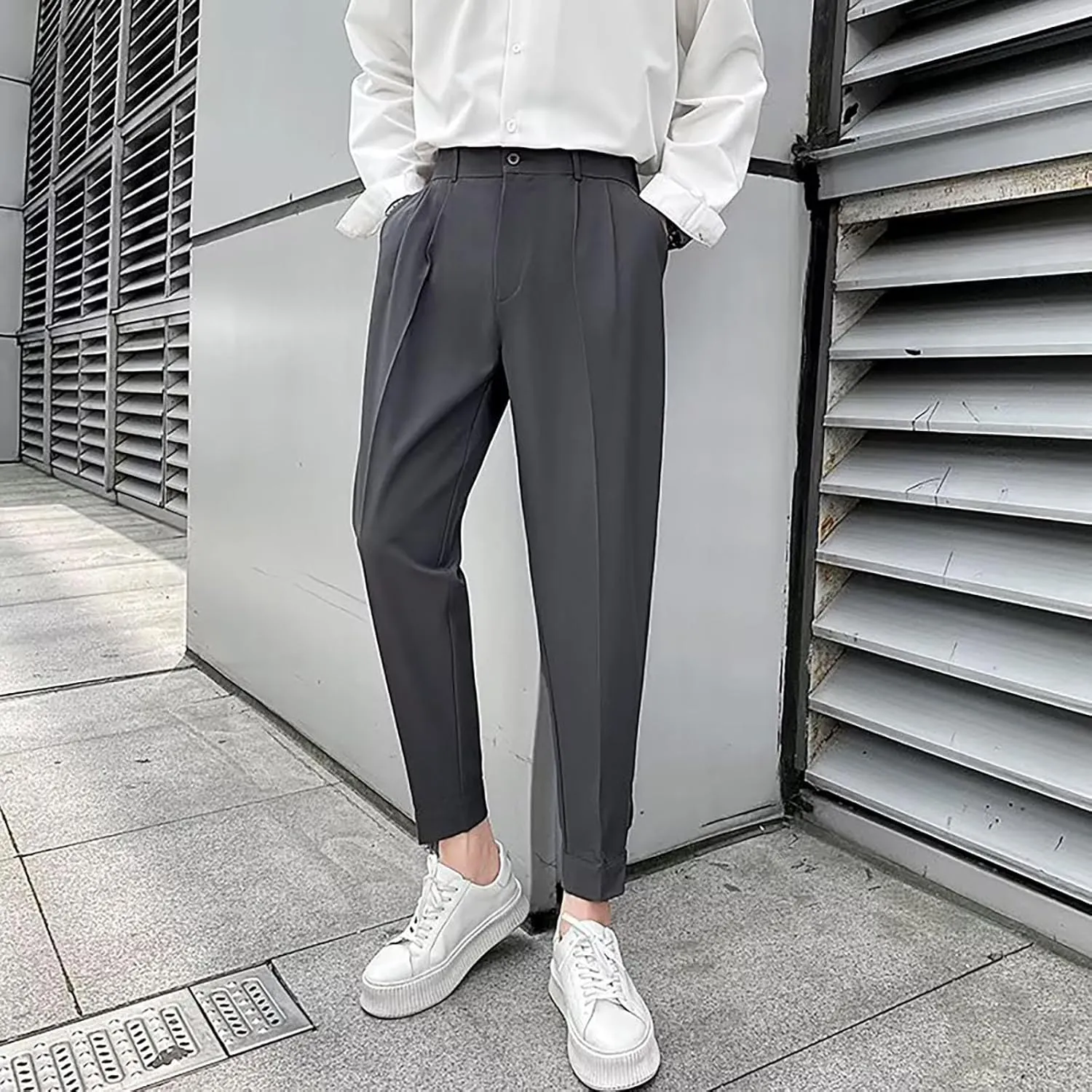 Miyaomn Trendy Pleated Flat Front Dress Pants for Men Tapered Slim Fit Solid Straight Leg Casual Pull-On Trousers with Pocket