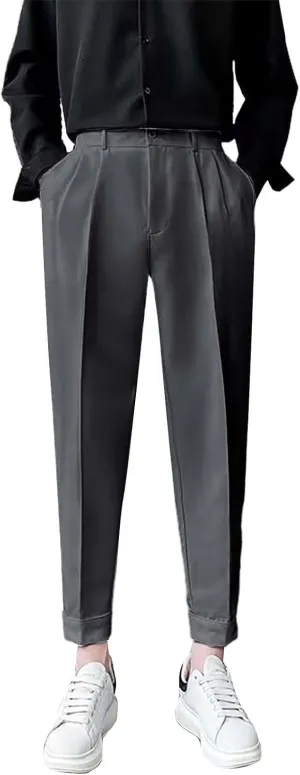 Miyaomn Trendy Pleated Flat Front Dress Pants for Men Tapered Slim Fit Solid Straight Leg Casual Pull-On Trousers with Pocket
