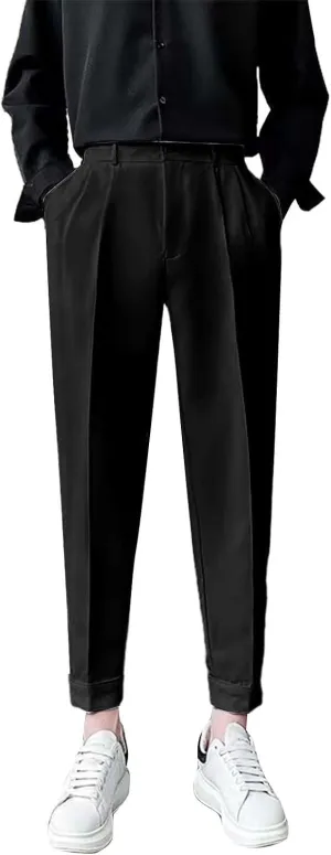 Miyaomn Trendy Pleated Flat Front Dress Pants for Men Tapered Slim Fit Solid Straight Leg Casual Pull-On Trousers with Pocket