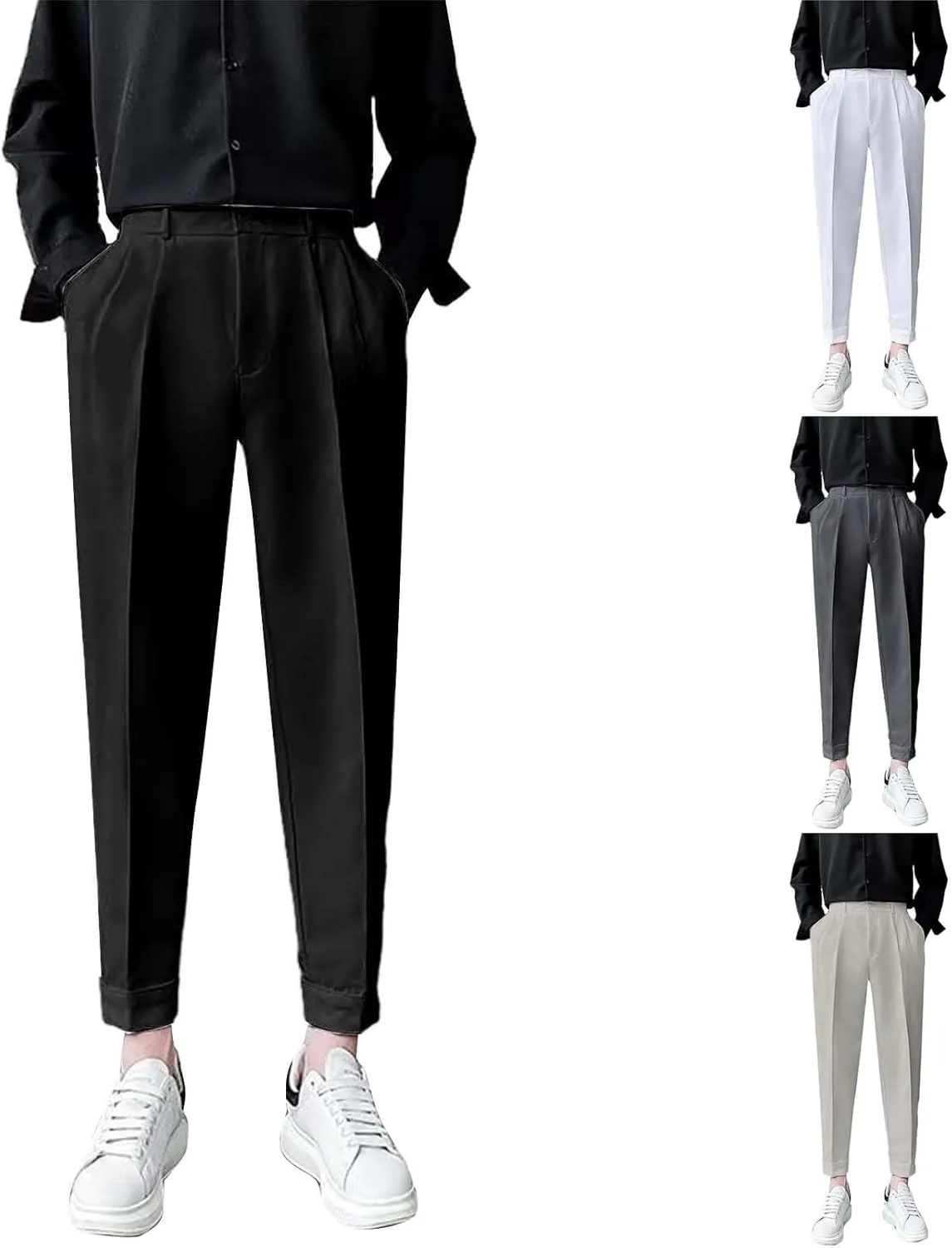 Miyaomn Trendy Pleated Flat Front Dress Pants for Men Tapered Slim Fit Solid Straight Leg Casual Pull-On Trousers with Pocket
