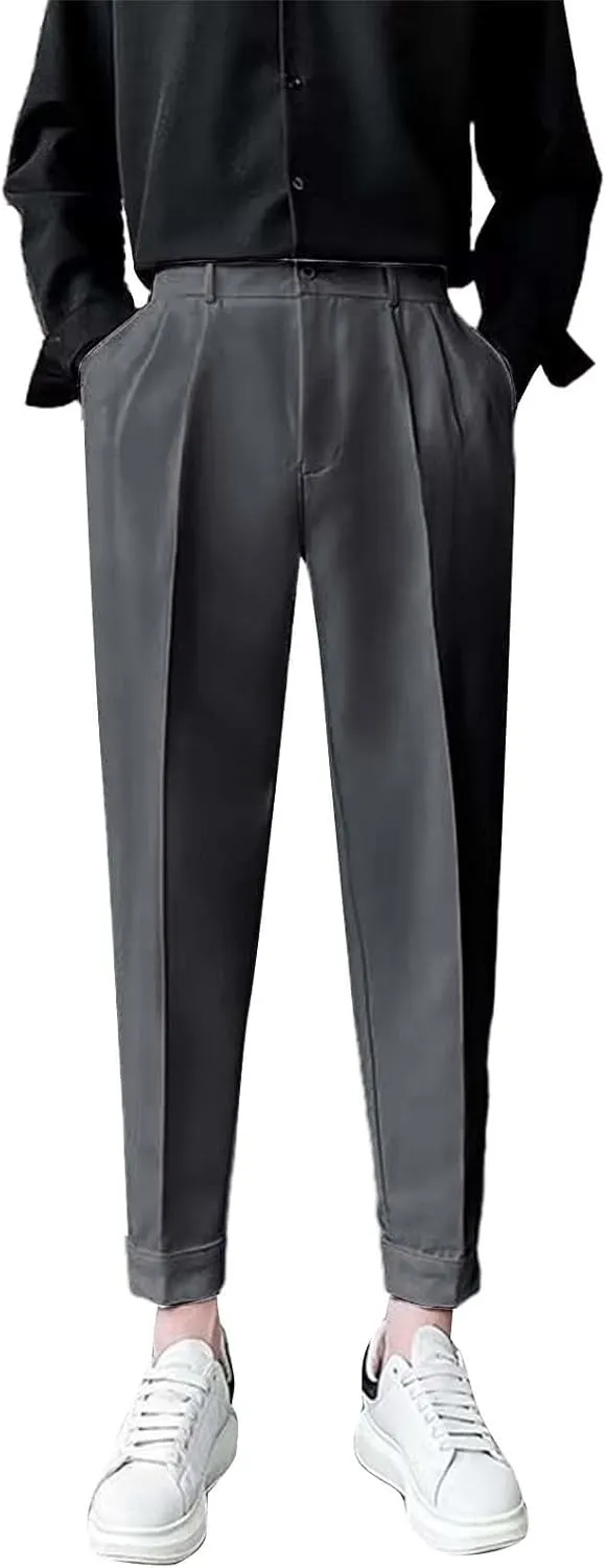 Miyaomn Trendy Pleated Flat Front Dress Pants for Men Tapered Slim Fit Solid Straight Leg Casual Pull-On Trousers with Pocket