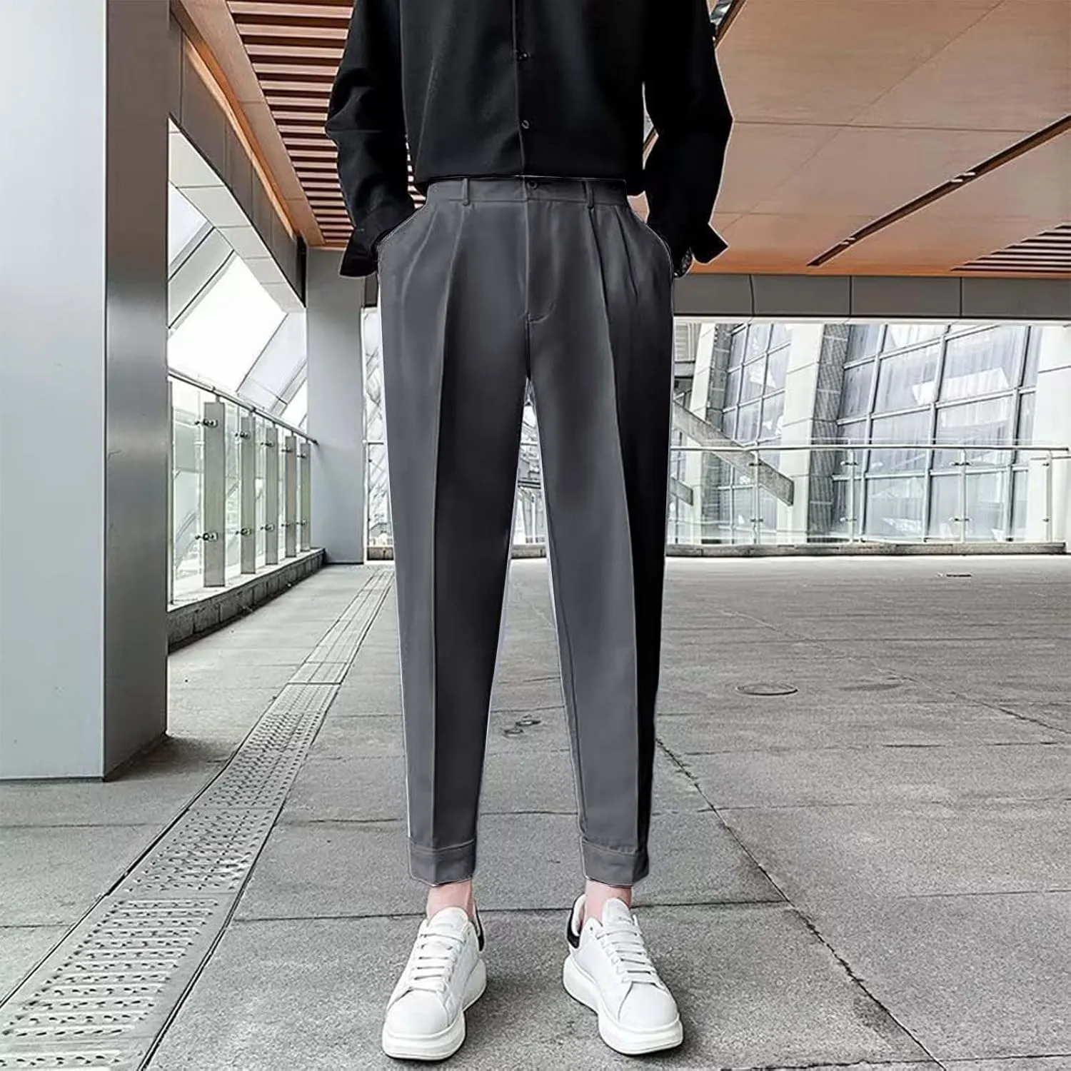 Miyaomn Trendy Pleated Flat Front Dress Pants for Men Tapered Slim Fit Solid Straight Leg Casual Pull-On Trousers with Pocket