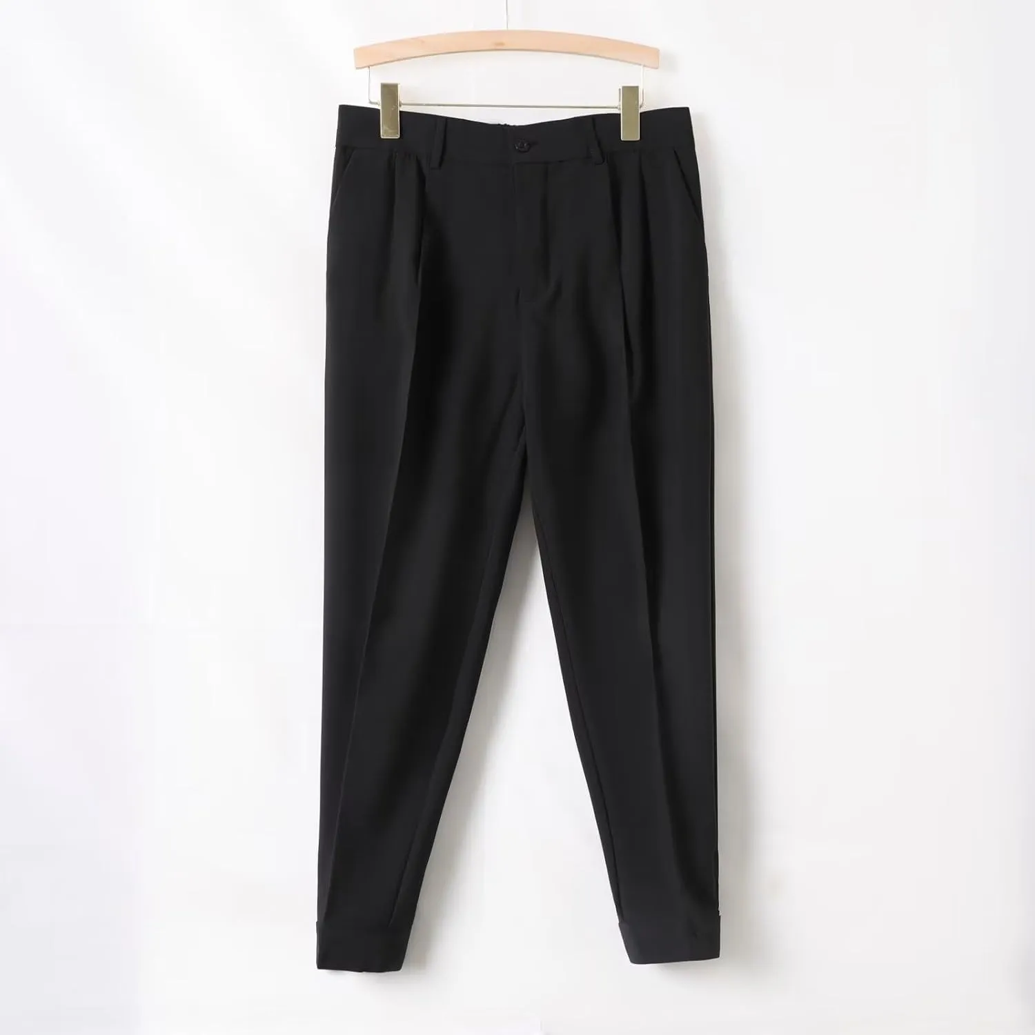 Miyaomn Trendy Pleated Flat Front Dress Pants for Men Tapered Slim Fit Solid Straight Leg Casual Pull-On Trousers with Pocket