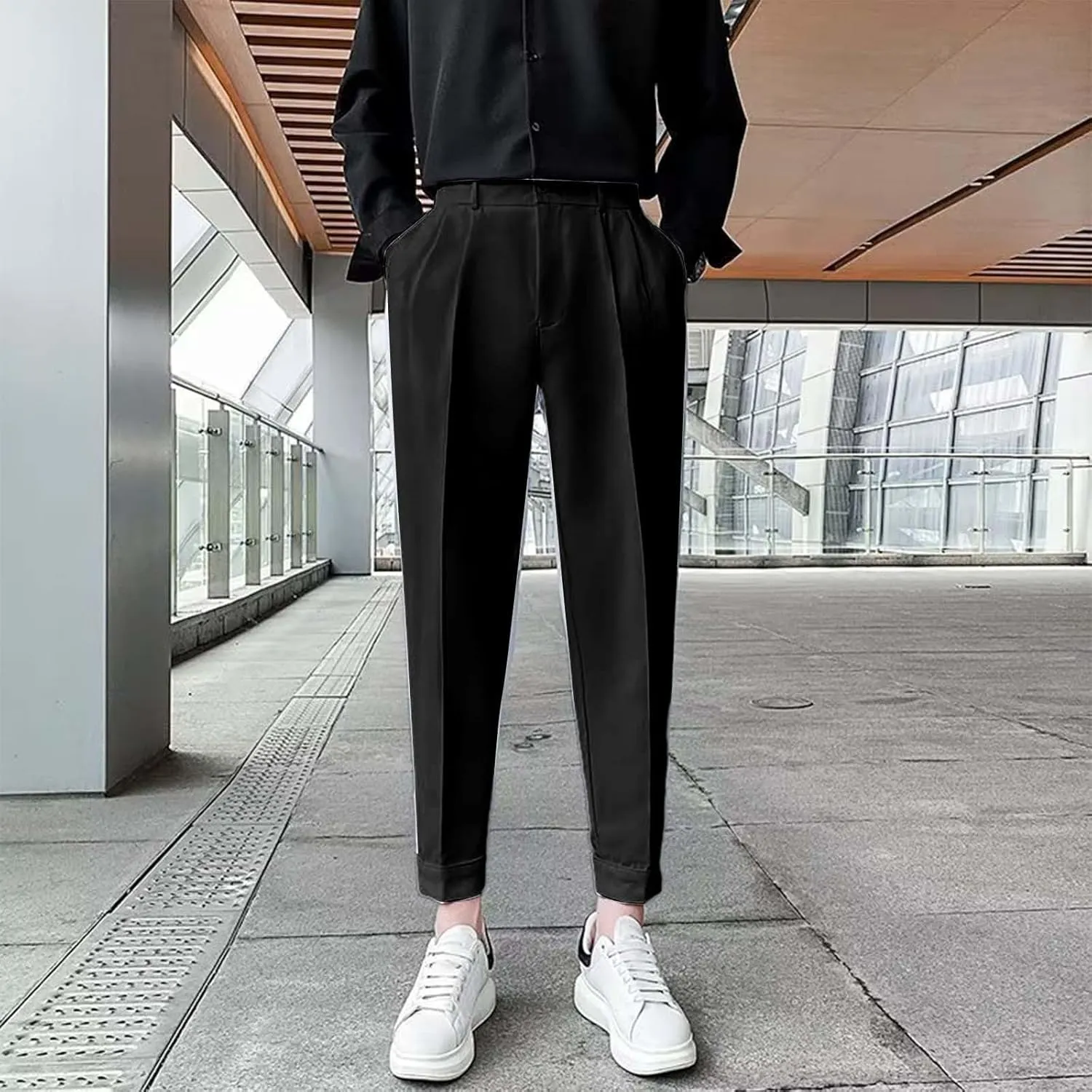 Miyaomn Trendy Pleated Flat Front Dress Pants for Men Tapered Slim Fit Solid Straight Leg Casual Pull-On Trousers with Pocket