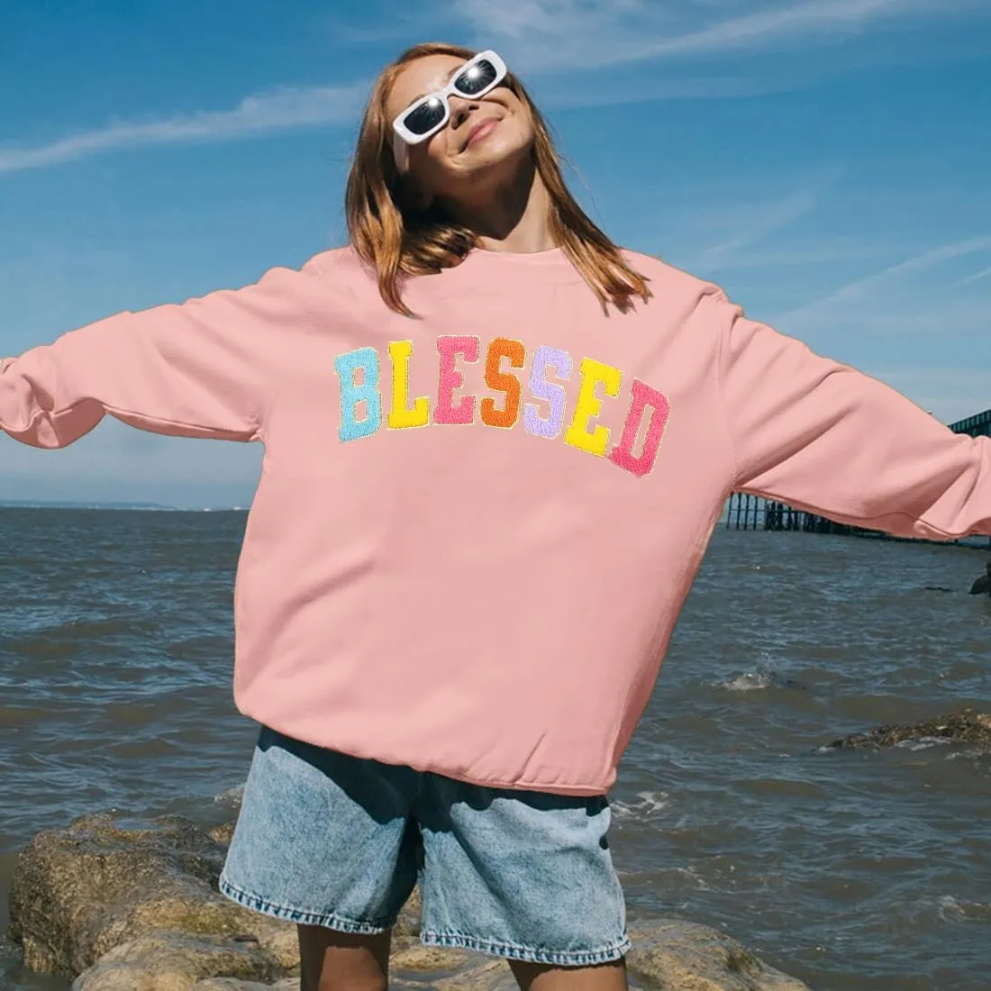 MNLYBABY Oversized Blessed Sweatshirt Women: Christian Shirt Blessed Chenille Pullover Fall Long Sleeve Tops