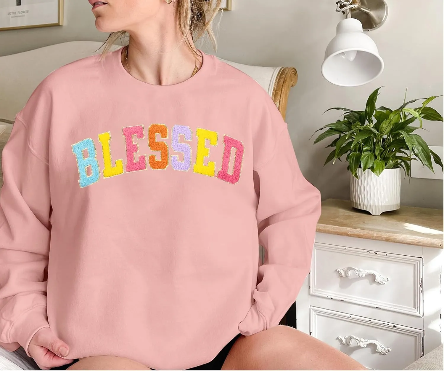 MNLYBABY Oversized Blessed Sweatshirt Women: Christian Shirt Blessed Chenille Pullover Fall Long Sleeve Tops
