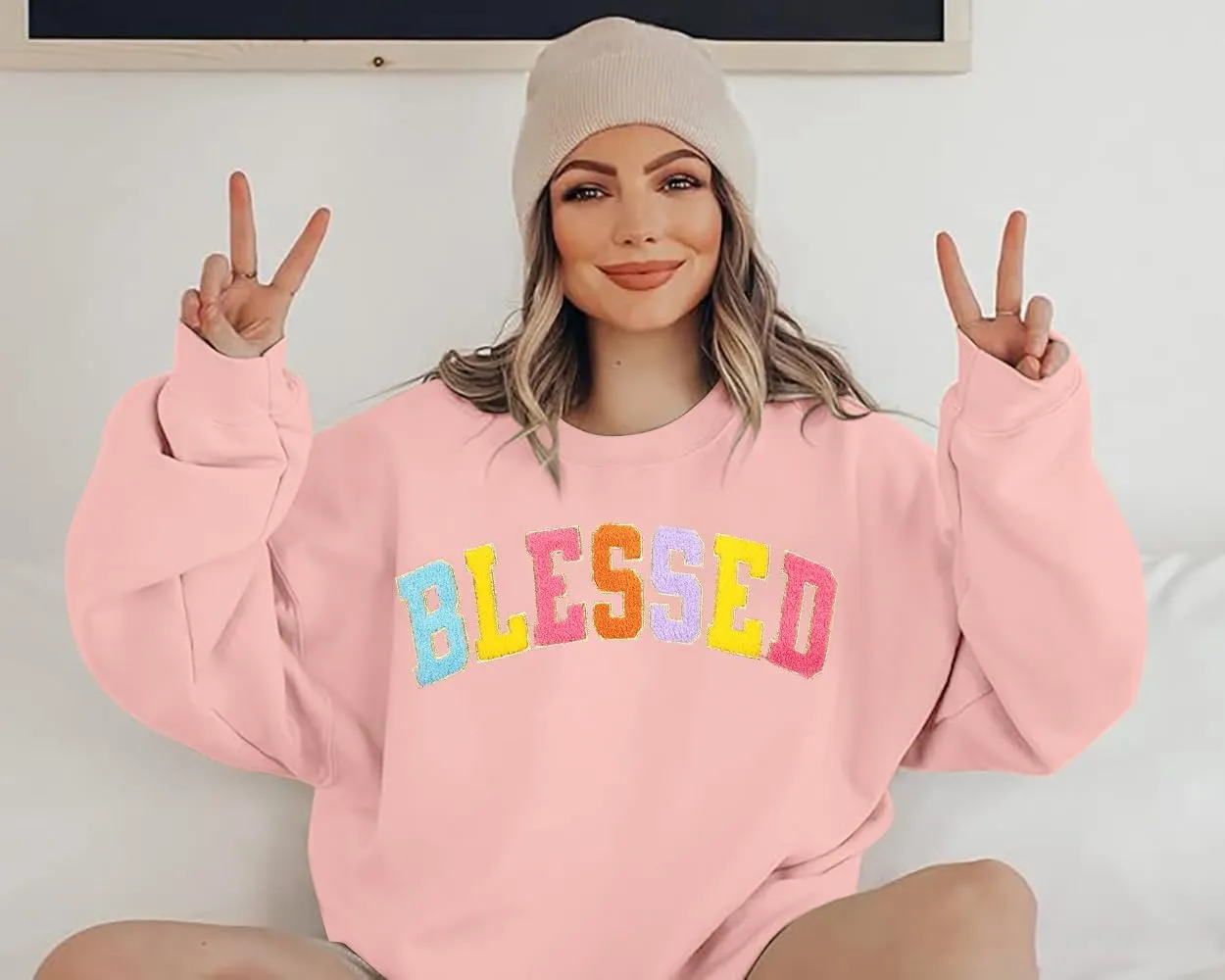 MNLYBABY Oversized Blessed Sweatshirt Women: Christian Shirt Blessed Chenille Pullover Fall Long Sleeve Tops