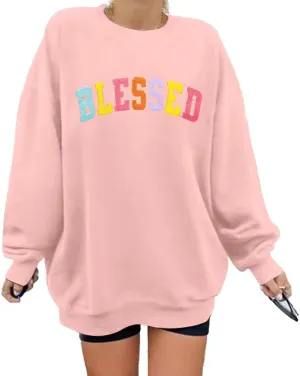 MNLYBABY Oversized Blessed Sweatshirt Women: Christian Shirt Blessed Chenille Pullover Fall Long Sleeve Tops