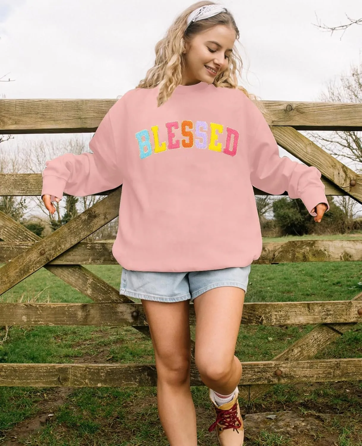 MNLYBABY Oversized Blessed Sweatshirt Women: Christian Shirt Blessed Chenille Pullover Fall Long Sleeve Tops