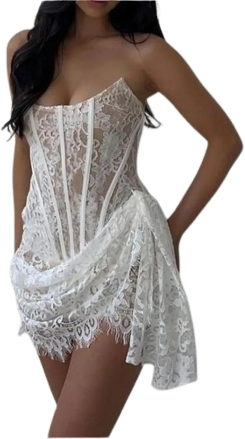 MOLERFO Womens Mini Dress Floral Corset Dress Draped Lace Tube Top Dress Cocktail Dress Sexy 2024 Summer Trendy