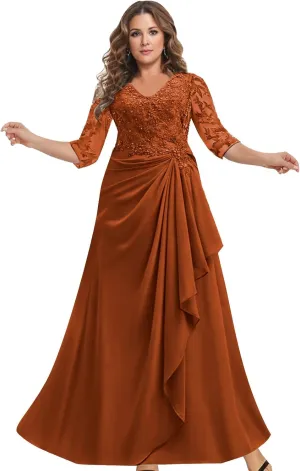 Mother of The Bride Dresses with Sleeves Lace Applique Chiffon V Neck Ruffle Long Formal Wedding Evening Dress