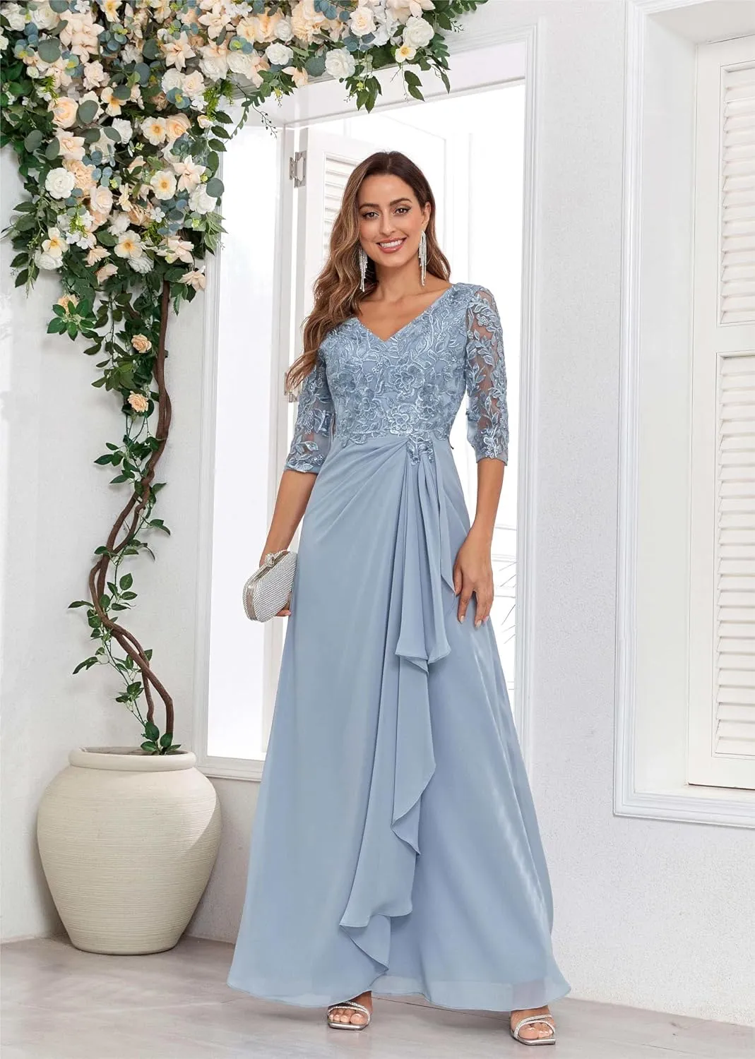 Mother of The Bride Dresses with Sleeves Lace Applique Chiffon V Neck Ruffle Long Formal Wedding Evening Dress