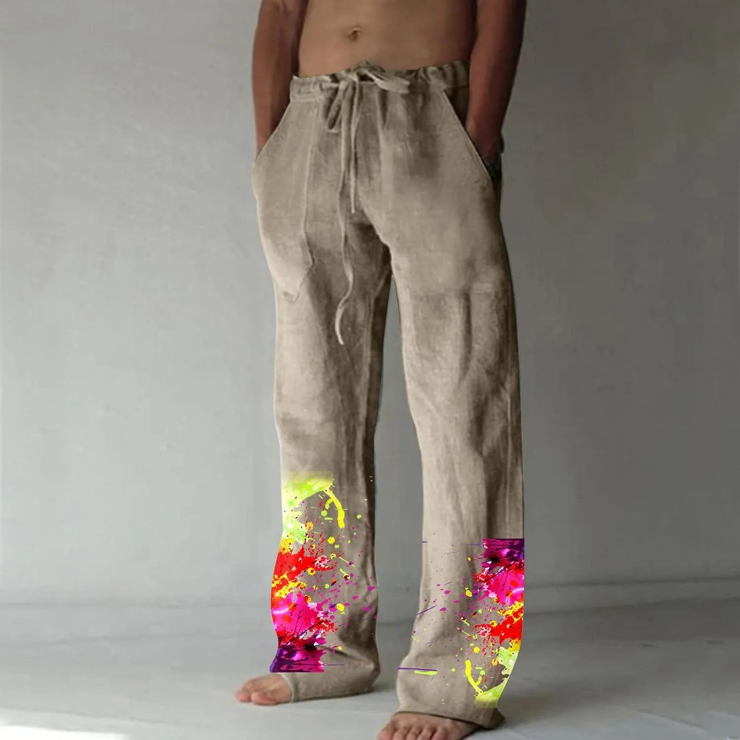 Muscularfit Mens Pants Casual Relaxed Fit Cotton Linen Tie Dye Print Drawstring Trousers Loose Fit Elastic Waist Solid Pant