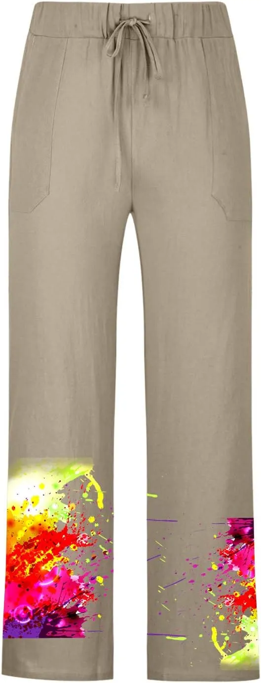 Muscularfit Mens Pants Casual Relaxed Fit Cotton Linen Tie Dye Print Drawstring Trousers Loose Fit Elastic Waist Solid Pant