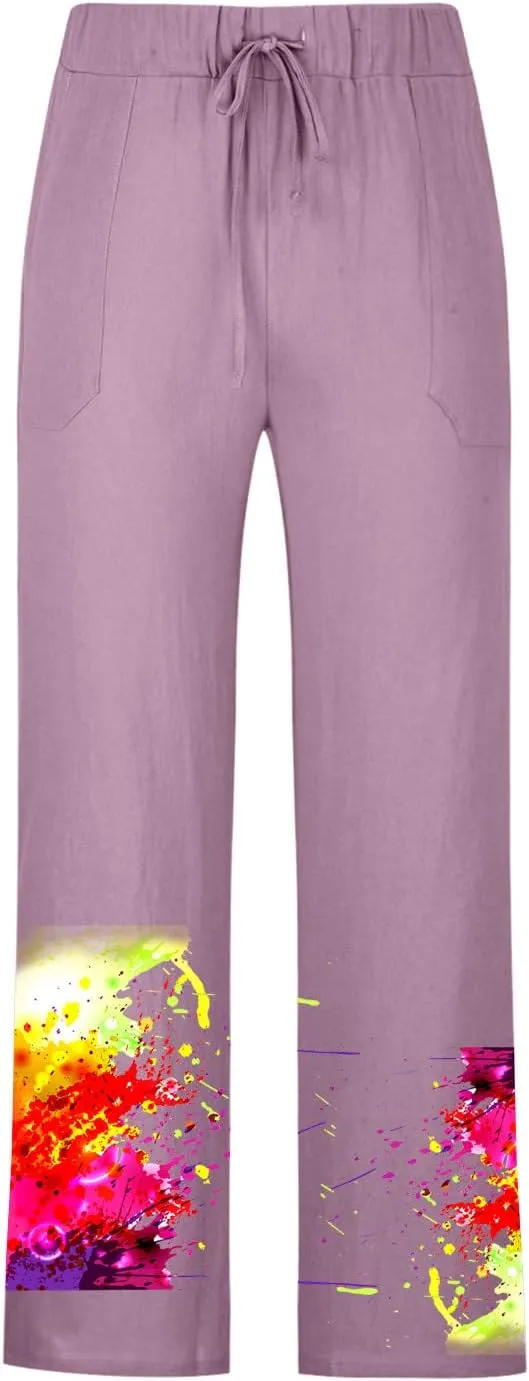 Muscularfit Mens Pants Casual Relaxed Fit Cotton Linen Tie Dye Print Drawstring Trousers Loose Fit Elastic Waist Solid Pant