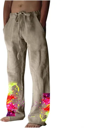Muscularfit Mens Pants Casual Relaxed Fit Cotton Linen Tie Dye Print Drawstring Trousers Loose Fit Elastic Waist Solid Pant
