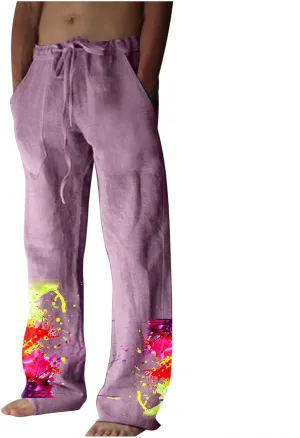 Muscularfit Mens Pants Casual Relaxed Fit Cotton Linen Tie Dye Print Drawstring Trousers Loose Fit Elastic Waist Solid Pant