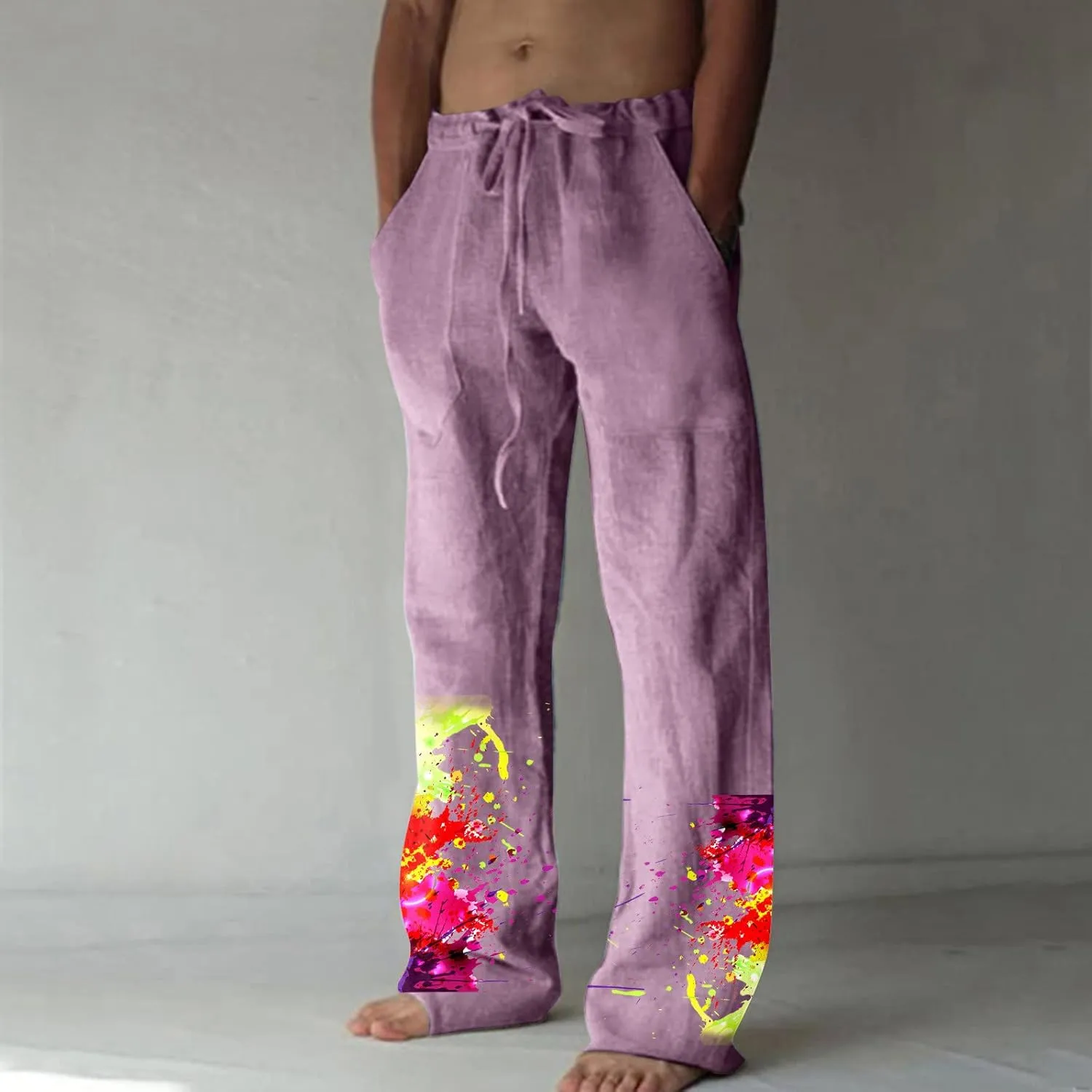 Muscularfit Mens Pants Casual Relaxed Fit Cotton Linen Tie Dye Print Drawstring Trousers Loose Fit Elastic Waist Solid Pant