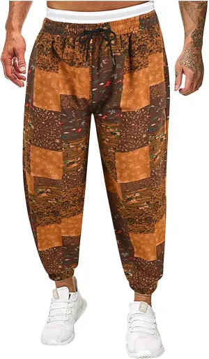 Muscularfit Mens Pants Expandable Waist Cotton Linen Fashion Print Drop Crotch Wide Leg Harem Pant Casual Loose Trousers 2023