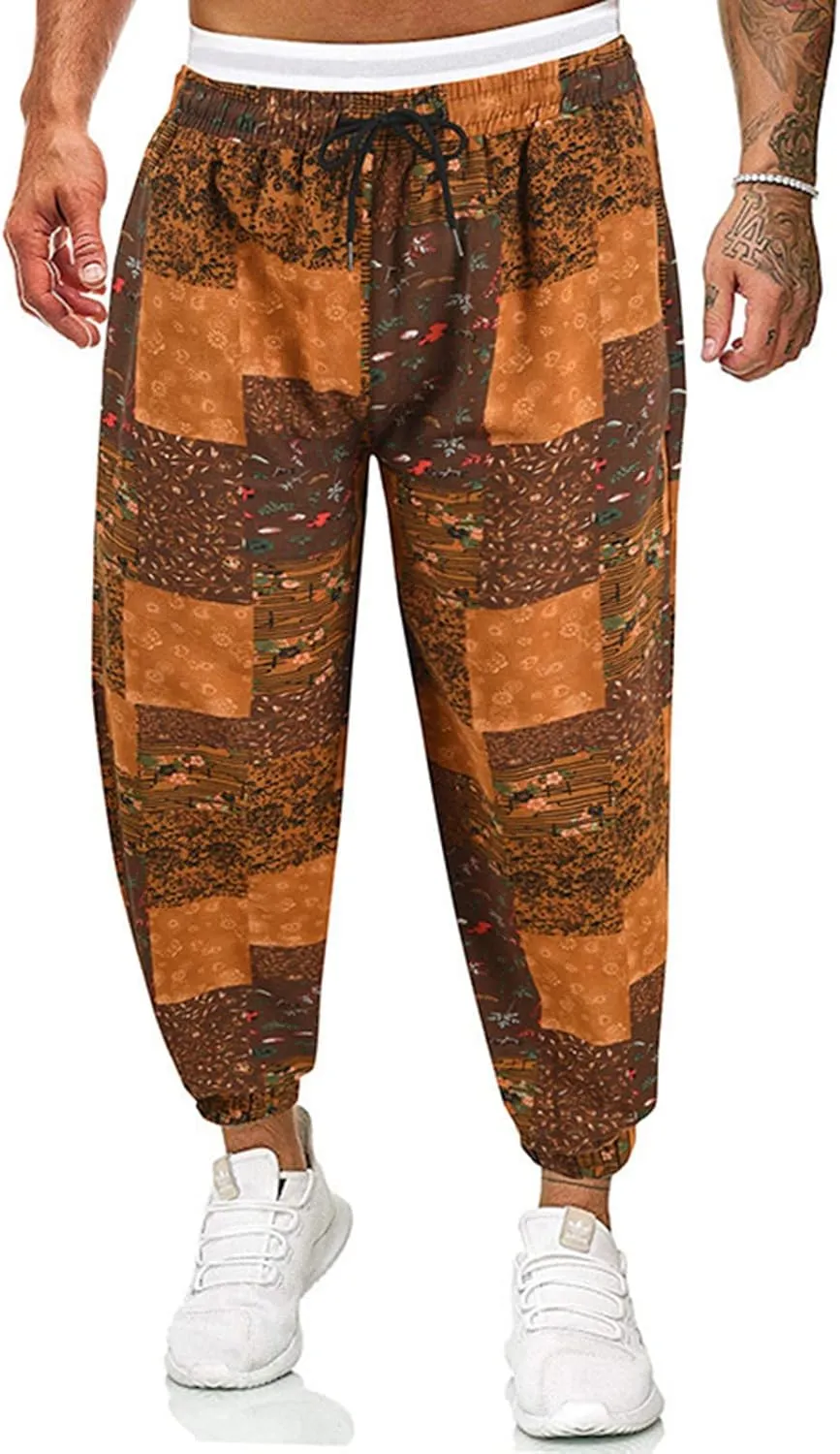 Muscularfit Mens Pants Expandable Waist Cotton Linen Fashion Print Drop Crotch Wide Leg Harem Pant Casual Loose Trousers 2023