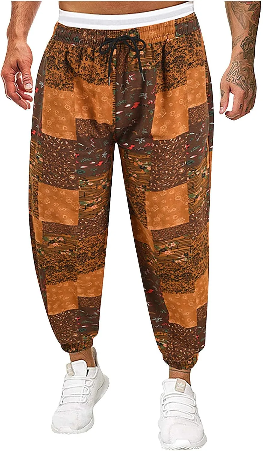 Muscularfit Mens Pants Expandable Waist Cotton Linen Fashion Print Drop Crotch Wide Leg Harem Pant Casual Loose Trousers 2023