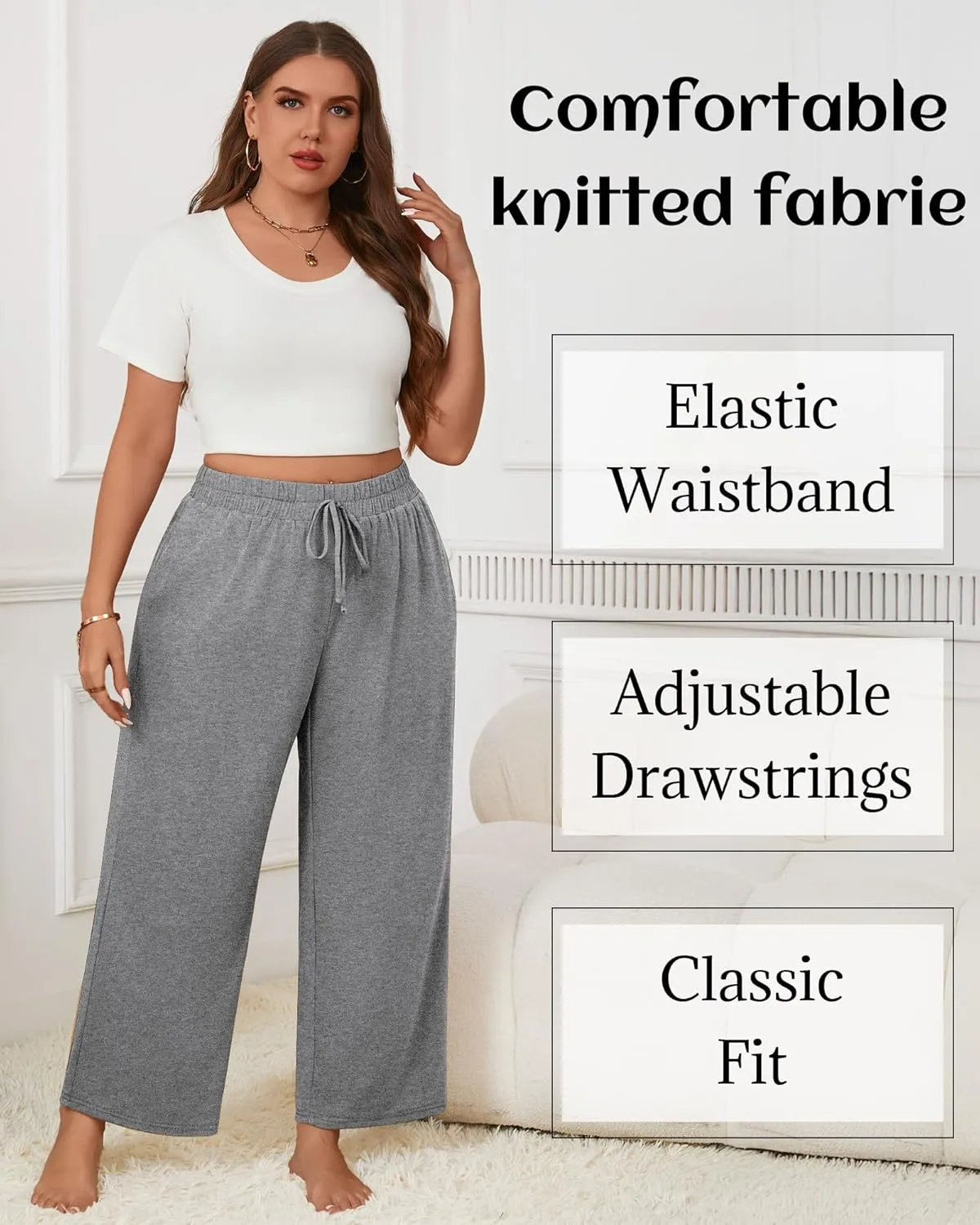 Neer 3 Pack Women's Plus Size Wide Leg Pants, Elastic Waist Lounge Pants with Pockets Drawstring Casual Pj Yoga Sweatpants