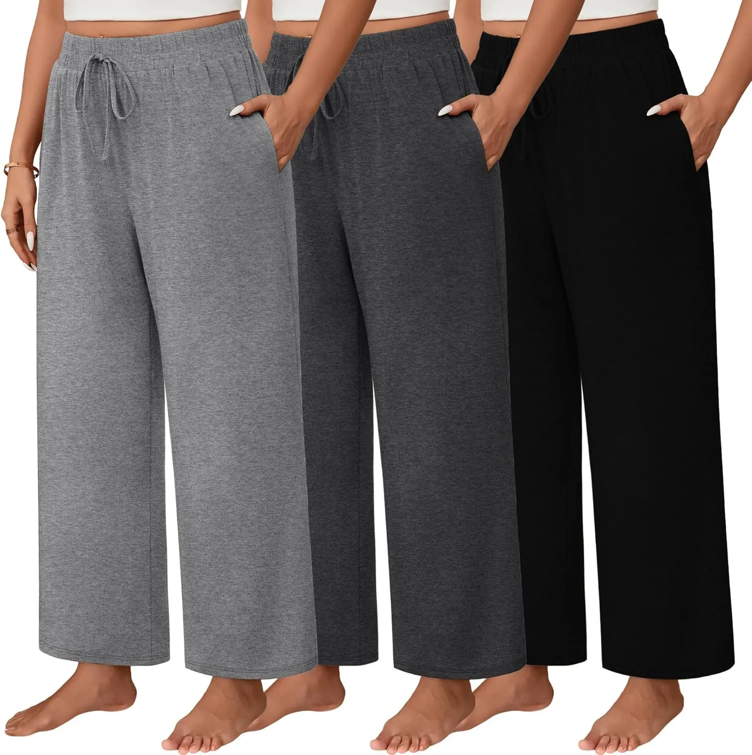 Neer 3 Pack Women's Plus Size Wide Leg Pants, Elastic Waist Lounge Pants with Pockets Drawstring Casual Pj Yoga Sweatpants