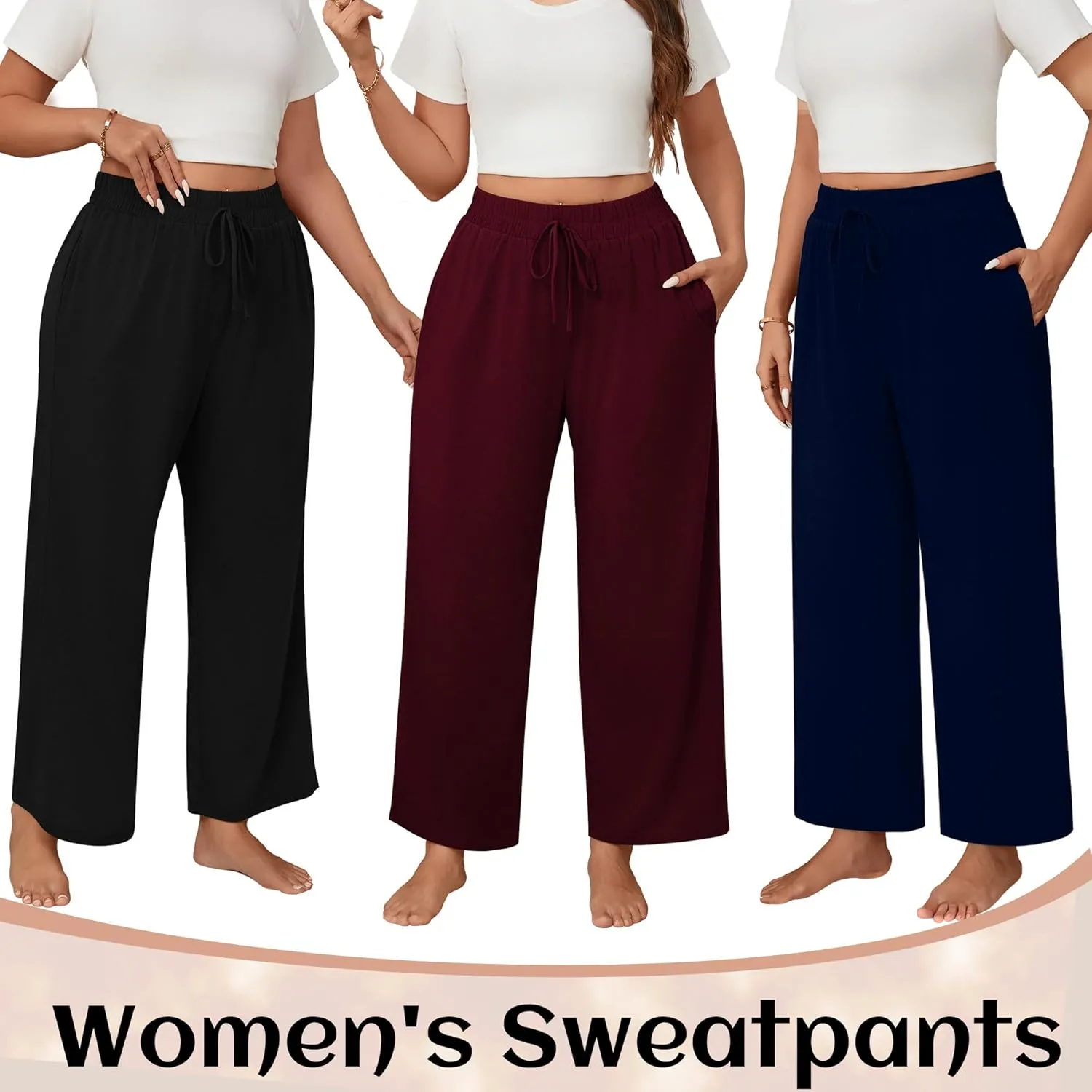 Neer 3 Pack Women's Plus Size Wide Leg Pants, Elastic Waist Lounge Pants with Pockets Drawstring Casual Pj Yoga Sweatpants