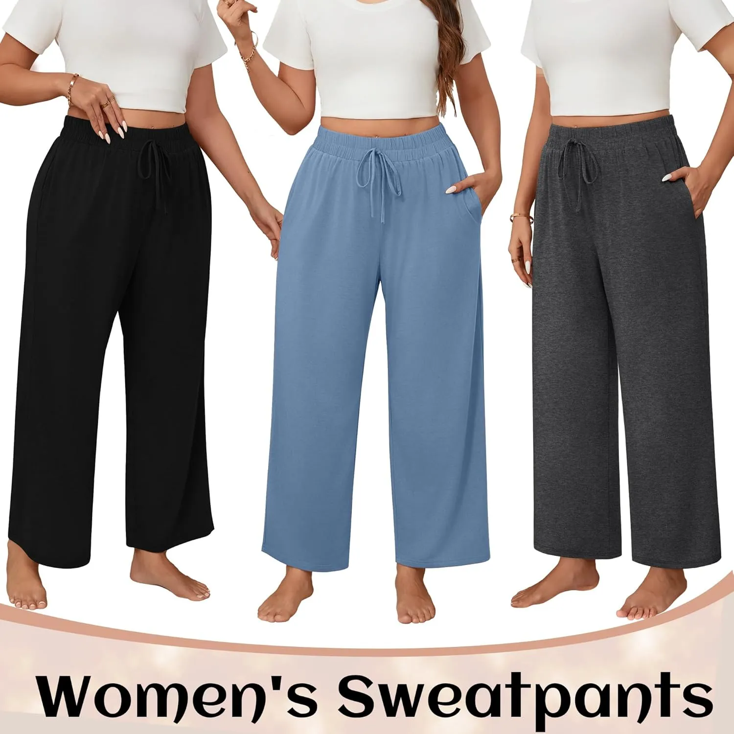 Neer 3 Pack Women's Plus Size Wide Leg Pants, Elastic Waist Lounge Pants with Pockets Drawstring Casual Pj Yoga Sweatpants
