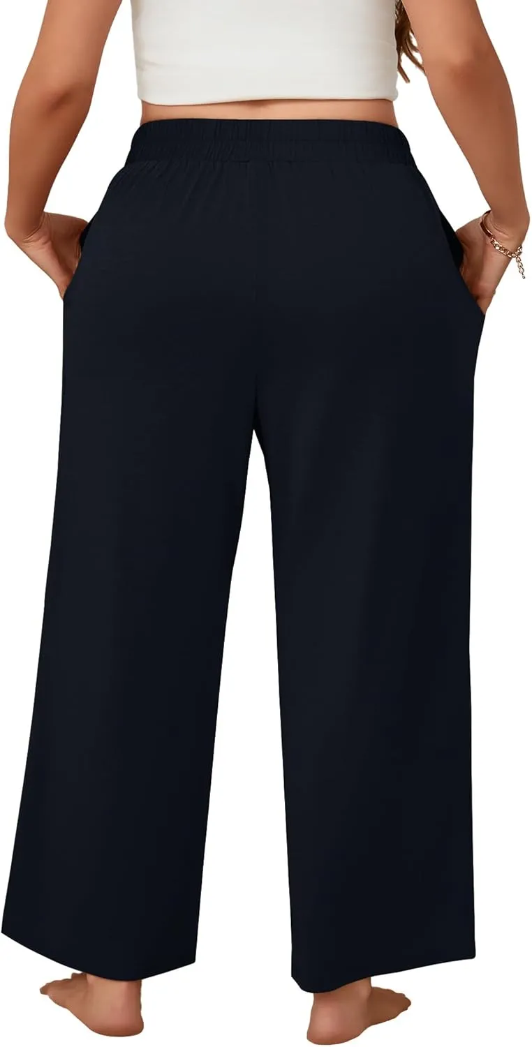 Neer 3 Pack Women's Plus Size Wide Leg Pants, Elastic Waist Lounge Pants with Pockets Drawstring Casual Pj Yoga Sweatpants