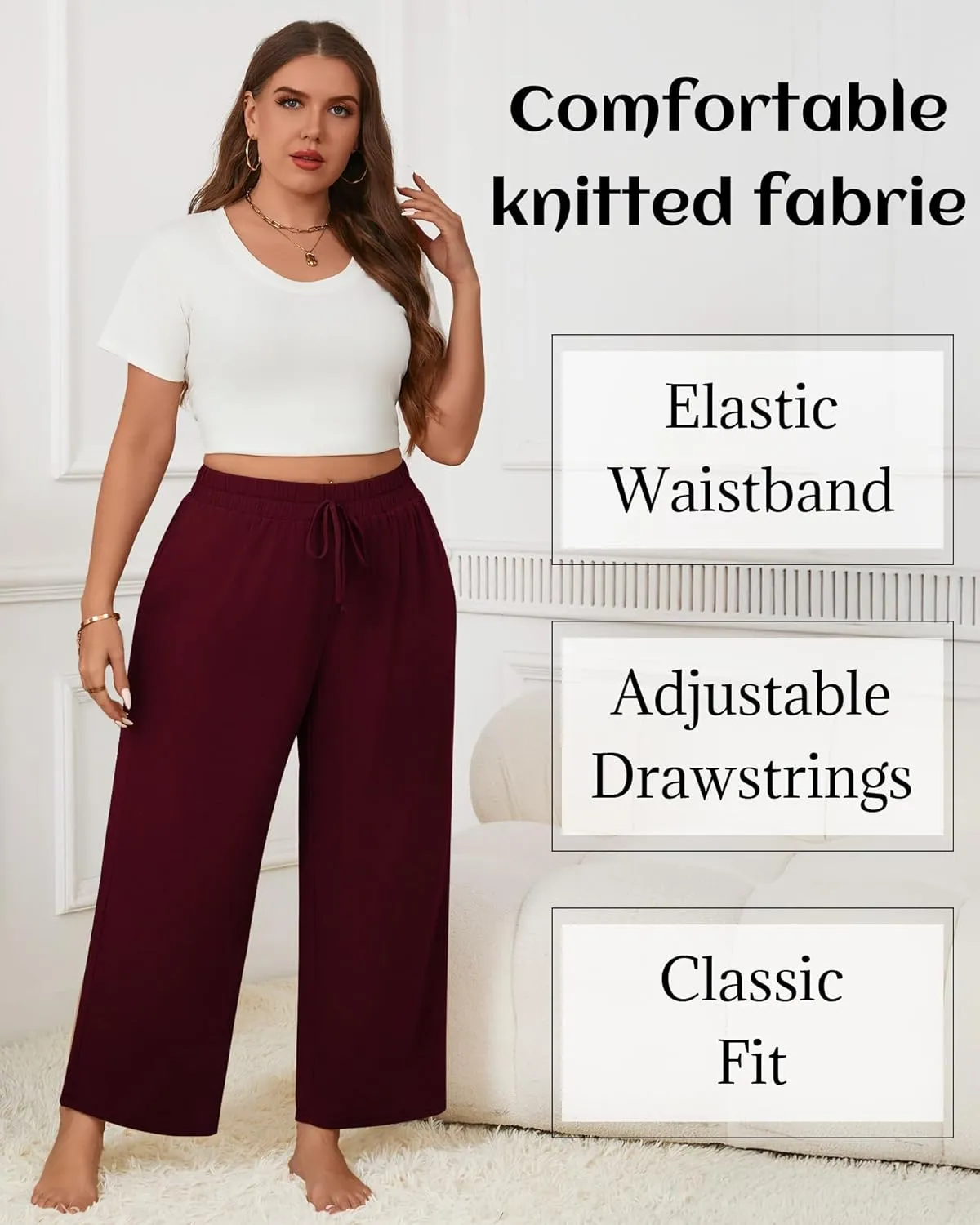 Neer 3 Pack Women's Plus Size Wide Leg Pants, Elastic Waist Lounge Pants with Pockets Drawstring Casual Pj Yoga Sweatpants