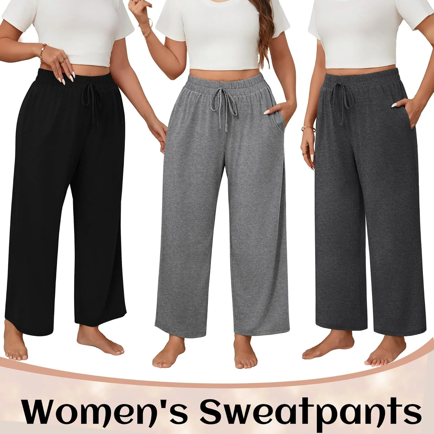Neer 3 Pack Women's Plus Size Wide Leg Pants, Elastic Waist Lounge Pants with Pockets Drawstring Casual Pj Yoga Sweatpants