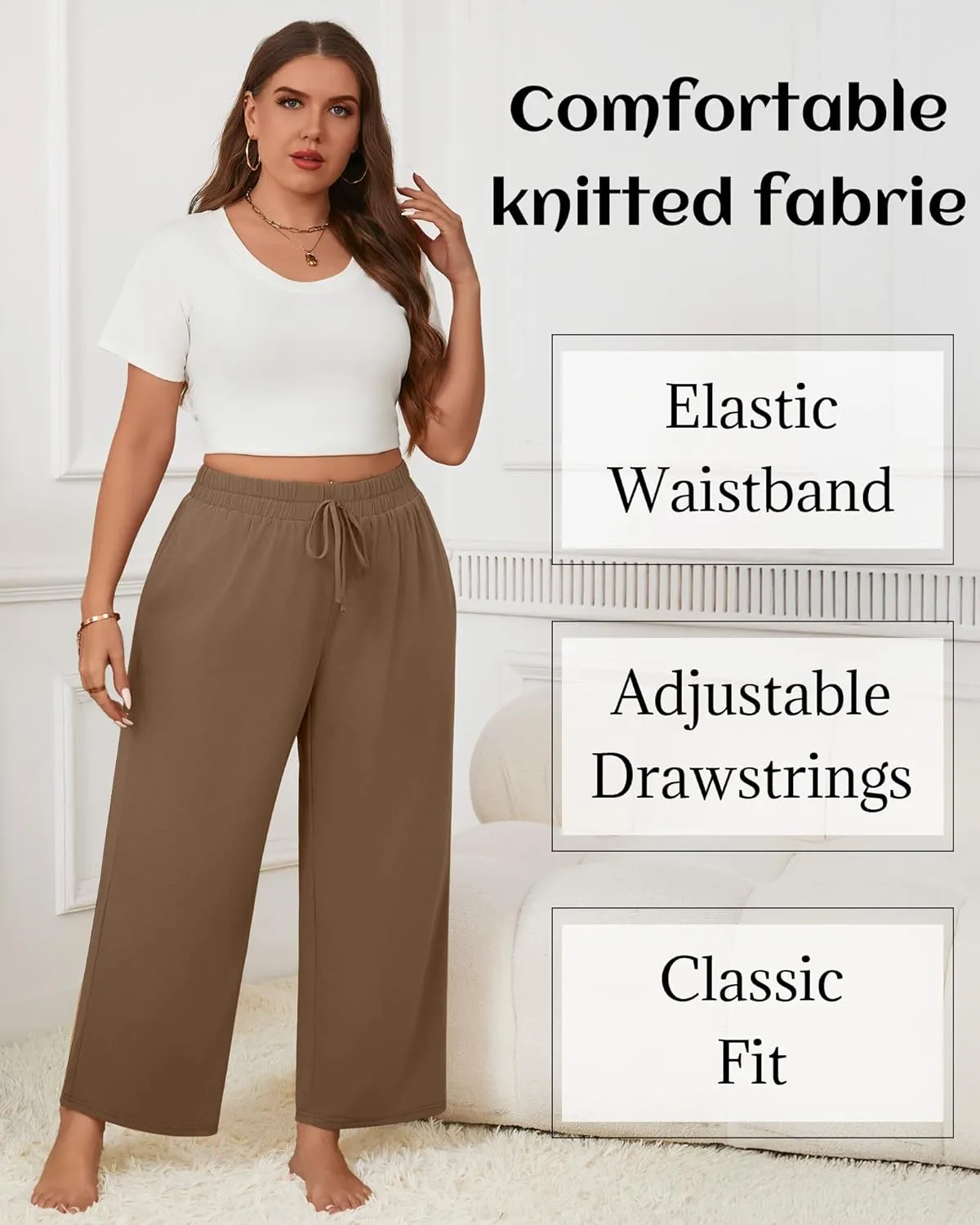 Neer 3 Pack Women's Plus Size Wide Leg Pants, Elastic Waist Lounge Pants with Pockets Drawstring Casual Pj Yoga Sweatpants