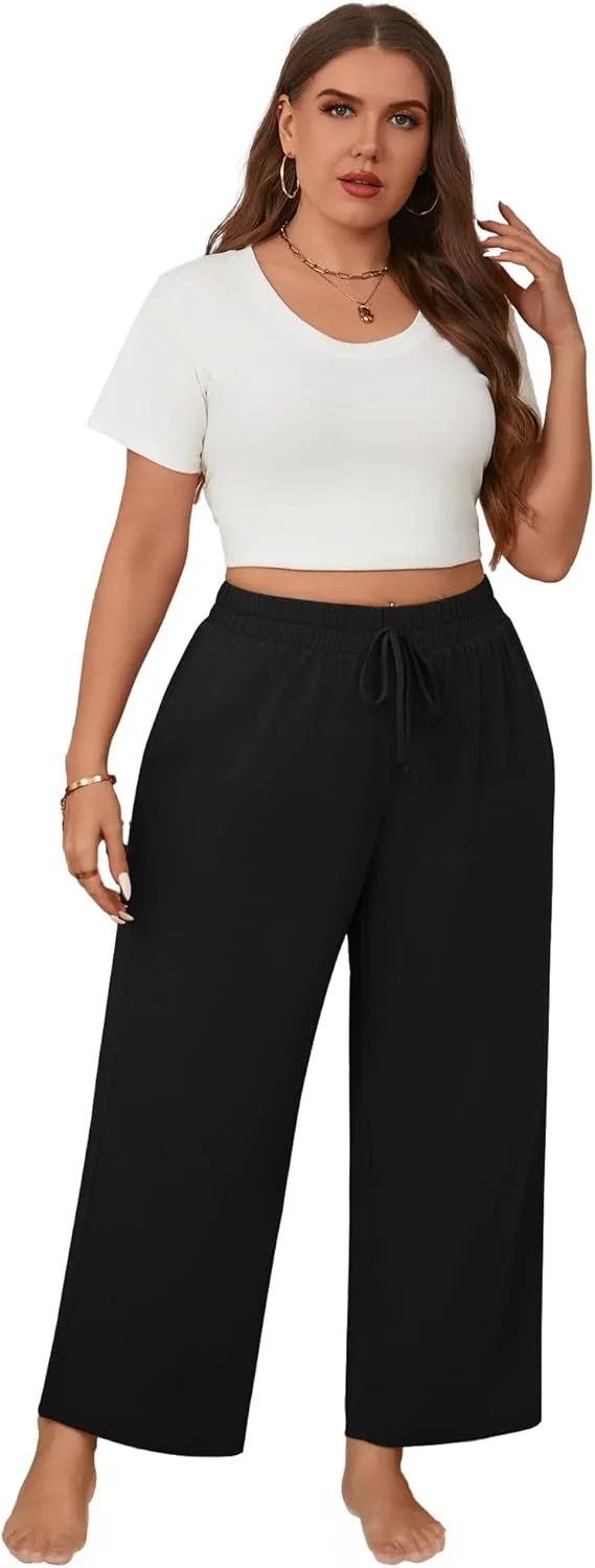 Neer 3 Pack Women's Plus Size Wide Leg Pants, Elastic Waist Lounge Pants with Pockets Drawstring Casual Pj Yoga Sweatpants