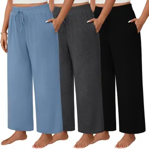 Neer 3 Pack Women's Plus Size Wide Leg Pants, Elastic Waist Lounge Pants with Pockets Drawstring Casual Pj Yoga Sweatpants