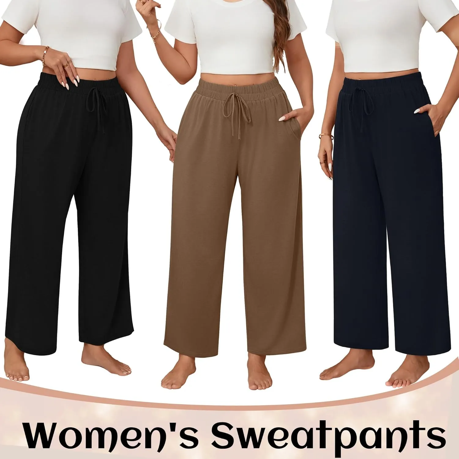 Neer 3 Pack Women's Plus Size Wide Leg Pants, Elastic Waist Lounge Pants with Pockets Drawstring Casual Pj Yoga Sweatpants