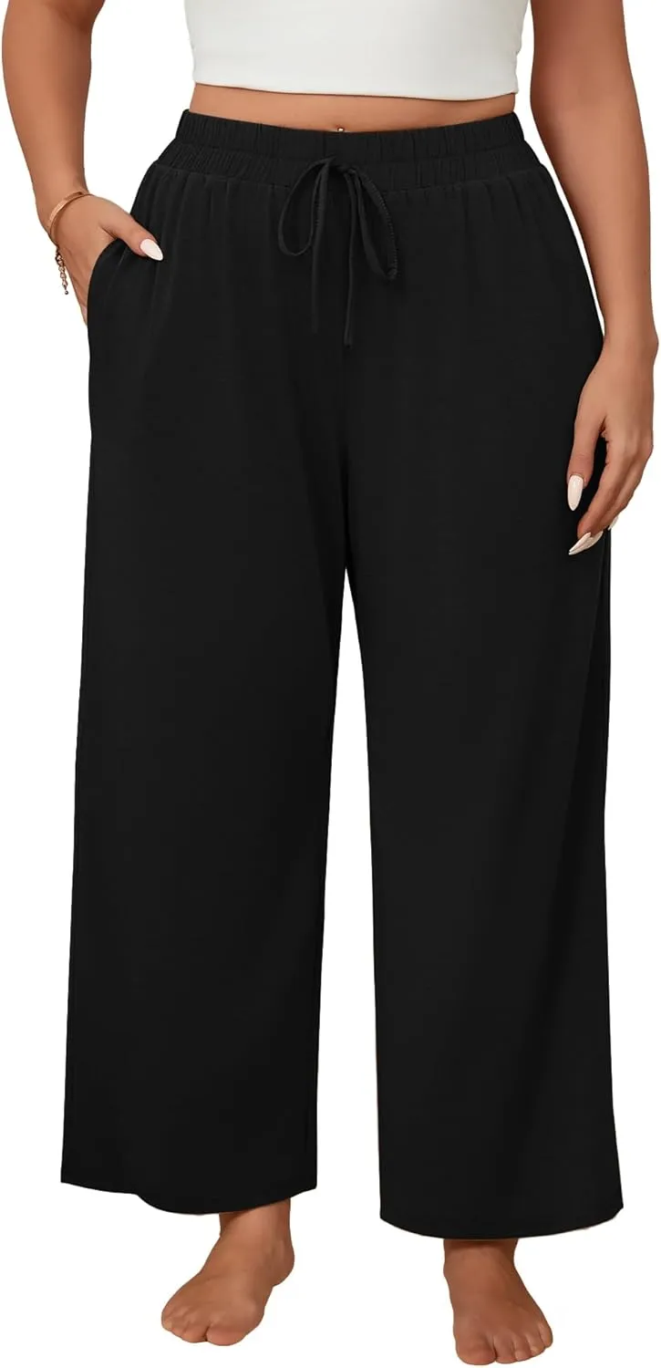 Neer 3 Pack Women's Plus Size Wide Leg Pants, Elastic Waist Lounge Pants with Pockets Drawstring Casual Pj Yoga Sweatpants