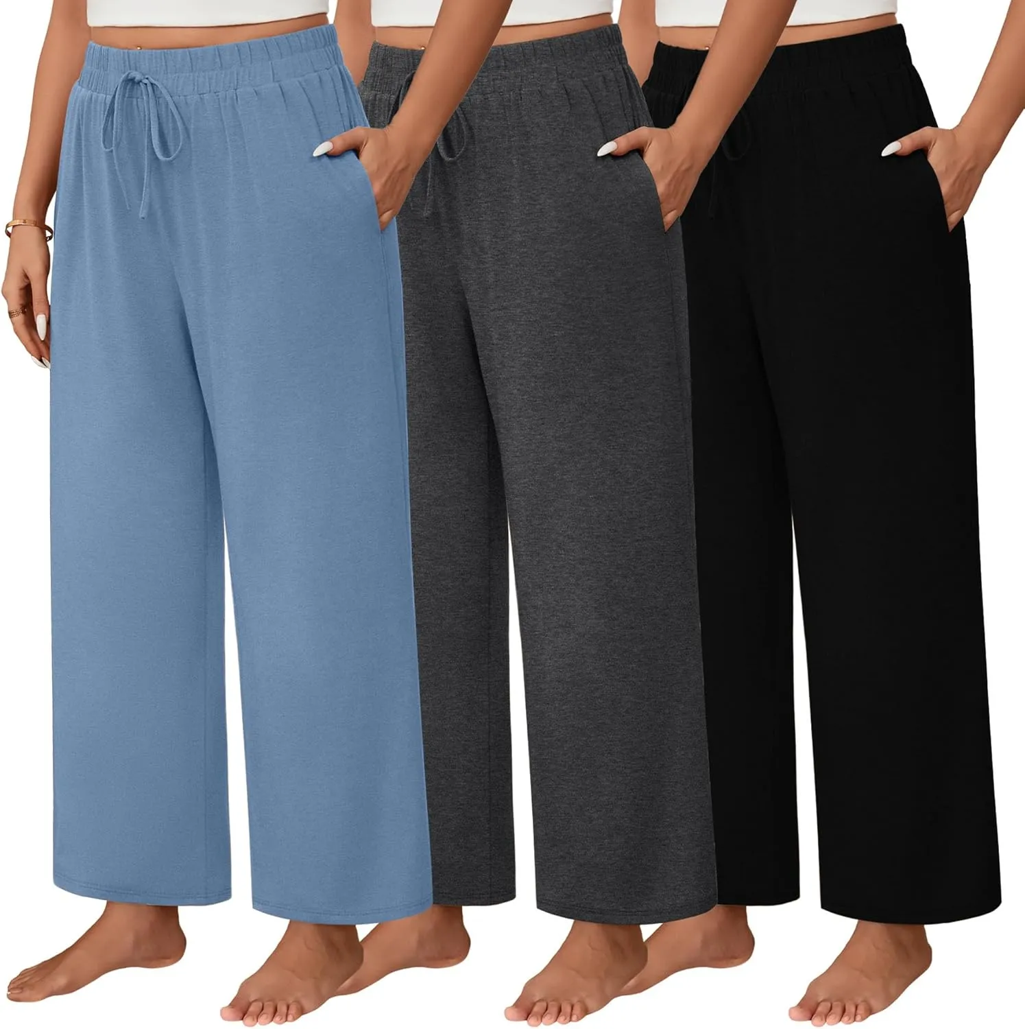 Neer 3 Pack Women's Plus Size Wide Leg Pants, Elastic Waist Lounge Pants with Pockets Drawstring Casual Pj Yoga Sweatpants