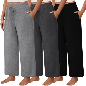 Neer 3 Pack Women's Plus Size Wide Leg Pants, Elastic Waist Lounge Pants with Pockets Drawstring Casual Pj Yoga Sweatpants