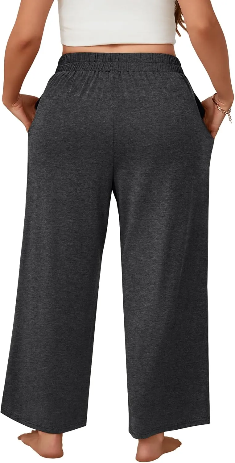 Neer 3 Pack Women's Plus Size Wide Leg Pants, Elastic Waist Lounge Pants with Pockets Drawstring Casual Pj Yoga Sweatpants